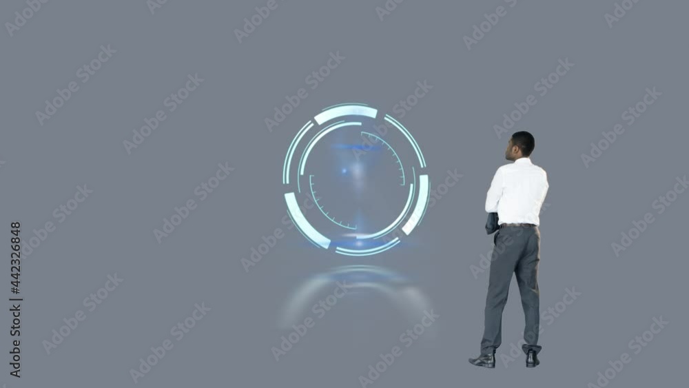 Poster animation of scope scanning and businessman isolated on grey background