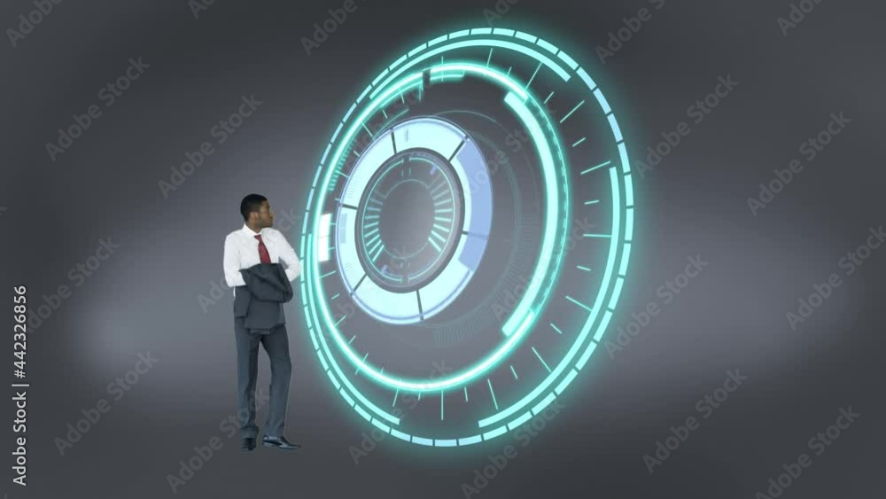 Poster animation of scope scanning over businessman with copy space on grey background