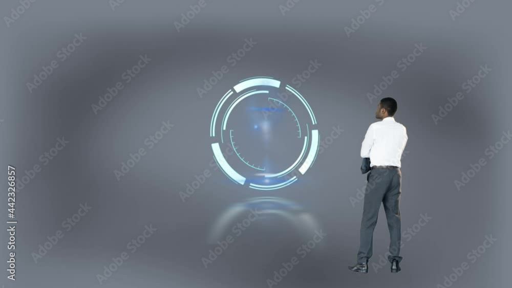 Aufkleber animation of scope scanning and businessman with copy space on grey background