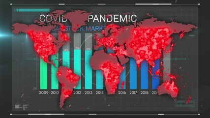 Animation of covid 19 emergency text and statistics over world map