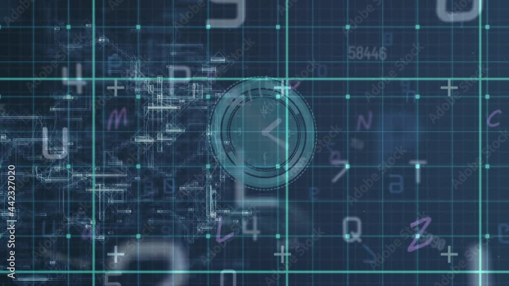 Poster animation of data processing and letters over clock moving fast