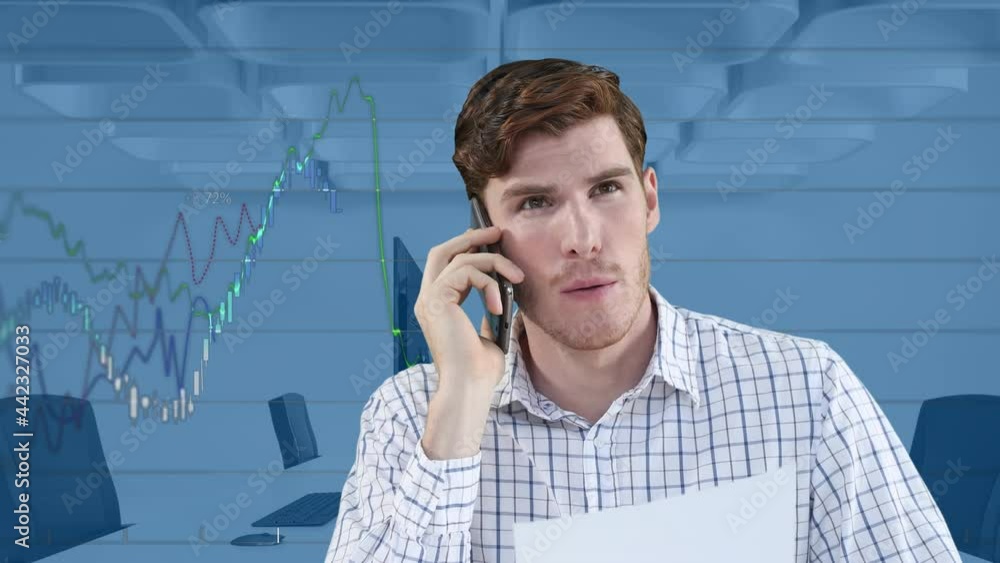 Poster animation of businessman speaking on smartphone data processing over empty office