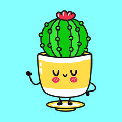 Cute funny cactus character. Vector hand drawn cartoon kawaii character illustration icon. Isolated on blue background. Сactus character concept
