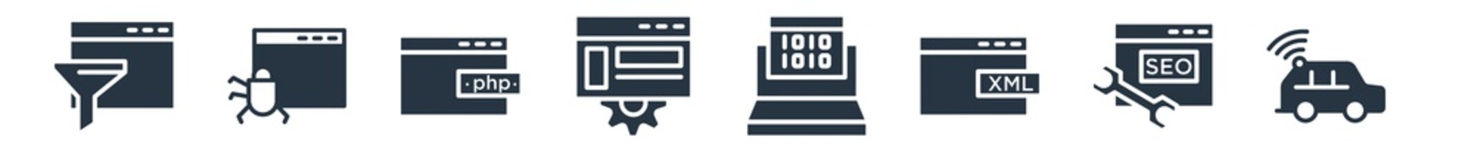 programming filled icons. glyph vector icons such as smart car, seo tools, xml, software, program interface, php, bug report sign isolated on white background.