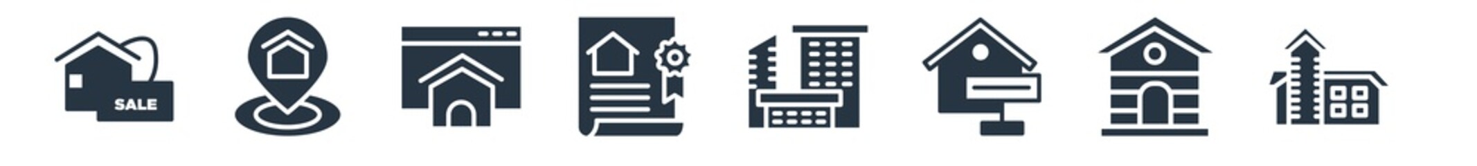 real estate filled icons. glyph vector icons such as villa, tree house, for rent, office building, certification, real state, map location sign isolated on white background.