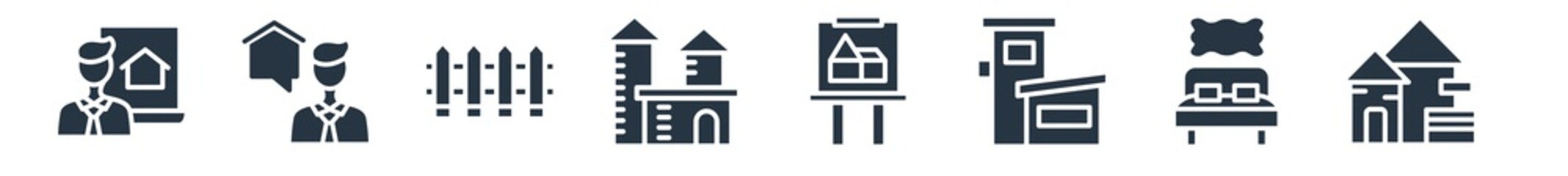 real estate filled icons. glyph vector icons such as mansion, bedroom, duplex, billboard, house front view, fence, agent sign isolated on white background.
