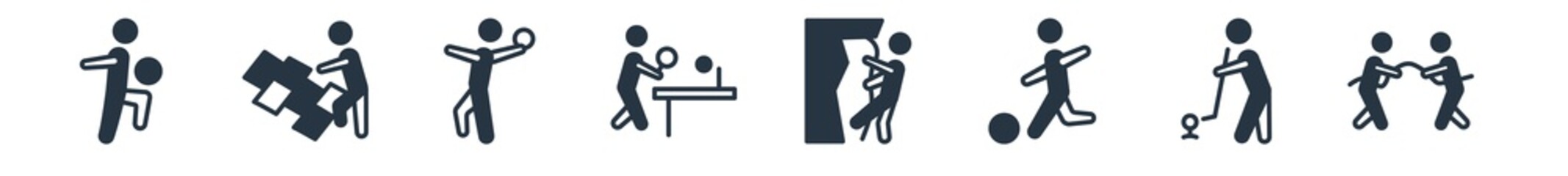recreational games filled icons. glyph vector icons such as people playing tug of war, people playing golf, football player playing, people climbing, table tennis, handball, hopscotch sign isolated