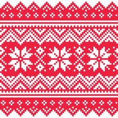 Christmas vector seamless winter pattern, festive red and white print inspired by Sami people, Lapland folk art design, traditional knitting and embroidery

