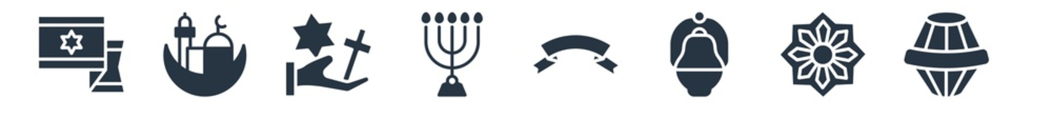 religion filled icons. glyph vector icons such as tablas, arabic art, jewish incense, halal, jewish candles, faith, islam sign isolated on white background.