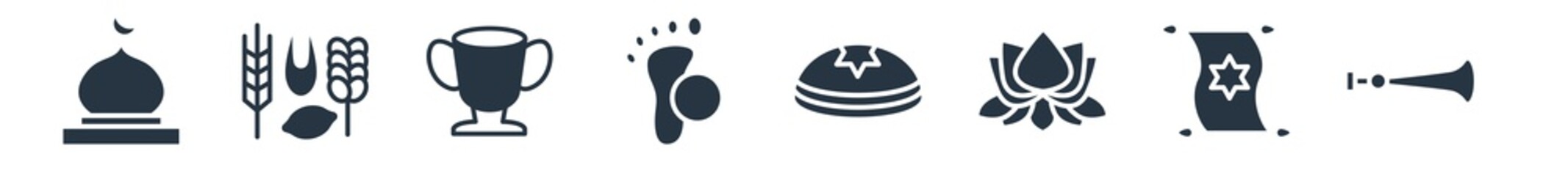 religion filled icons. glyph vector icons such as shehnai, torah, lotus, kippah, feet, laver of washing, four species sign isolated on white background.