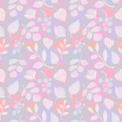 Vegetable autumn seamless pattern, drawing with pastels, colored twigs and berries on a light background.