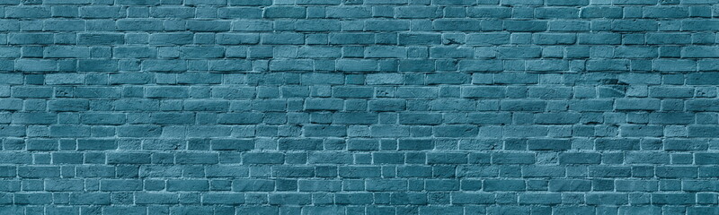 Wide empty old rough blue brick wall panoramic texture. Shabby brickwork panorama. Abstract grunge...