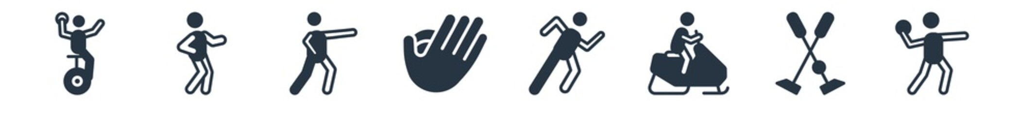 sport filled icons. glyph vector icons such as discus throw, polo sport, snowmobile sport, marathon, baseball glove, aikido, racewalking sign isolated on white background.