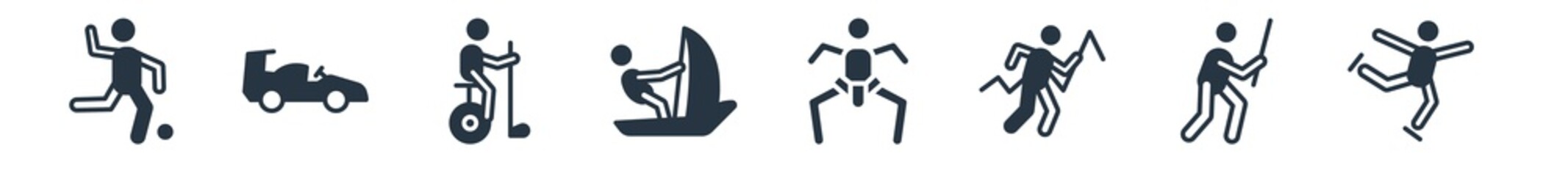 sport filled icons. glyph vector icons such as figure skating, kendo, trail running, sumo, sailboat sport, unicycling hockey, formula racing sign isolated on white background.