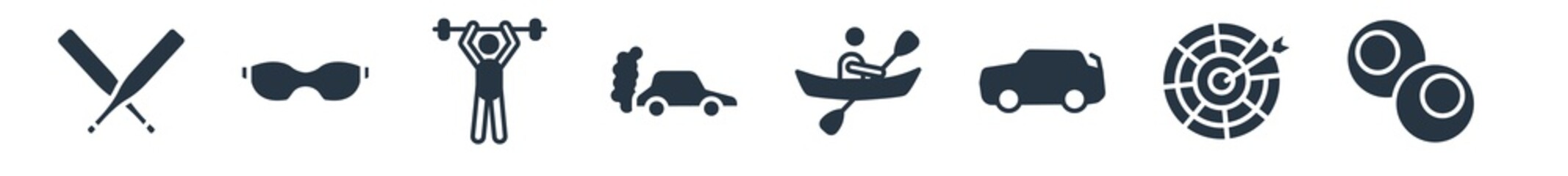 sport filled icons. glyph vector icons such as snooker, dart board, rallycross, canoe sport, drifting, powerlifting, sport goggles sign isolated on white background.