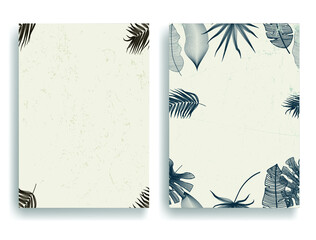 Poster with tropical leaves .Minimal design . Mid century trendy brochure . Modern art .Vector illustration. 