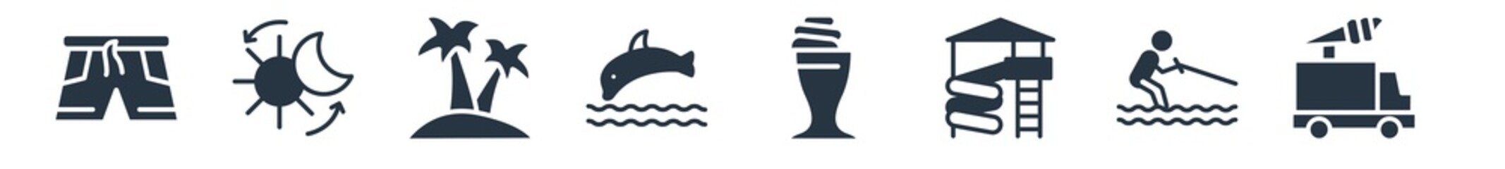 summer filled icons. glyph vector icons such as ice cream van, waterski, aqua park, milkshake, jumping dolphin, island with palm trees, solstice sign isolated on white background.