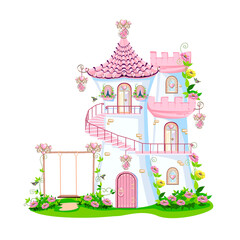 Fairy tale castle of a beautiful princess with a spiral staircase, towers, windows, a door and a swing. Vector illustration of fairytale architecture on a white background.