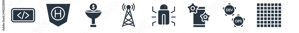 Poster technology filled icons. glyph vector icons such as grid system, devops, native apps, bugs, elements