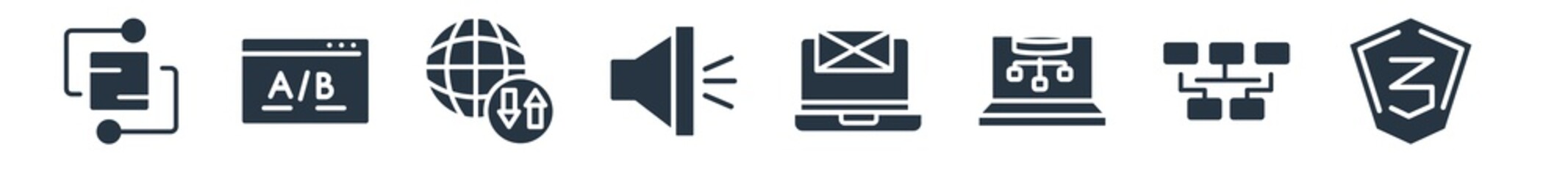 technology filled icons. glyph vector icons such as css3, data modelling, sitemaps, email marketing, call to action, internet traffic, null sign isolated on white background.