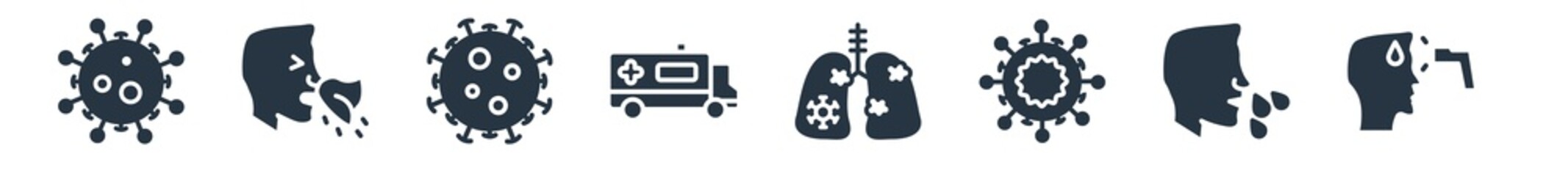 coronavirus prevention filled icons. glyph vector icons such as hot temperature, flu, germ, cancer, ambulance, bacterium, sneezing sign isolated on white background.