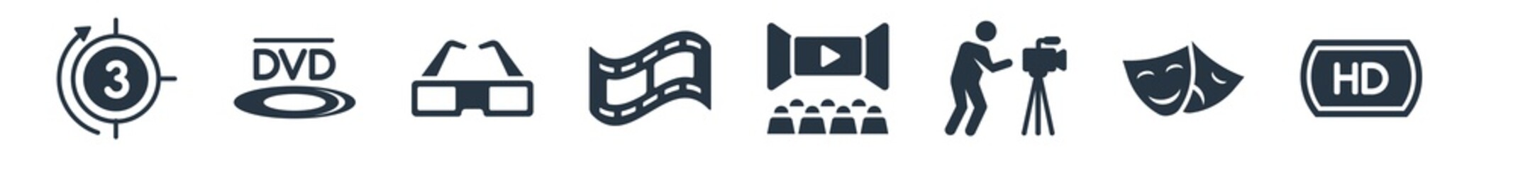 cinema filled icons. glyph vector icons such as hd, tragedy, cameraman, movie theatre, image fotogram, old 3d glasses, dvd sign isolated on white background.