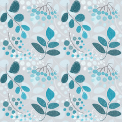 Vegetable autumn seamless pattern, drawing with pastels, colored twigs and berries on a light background.