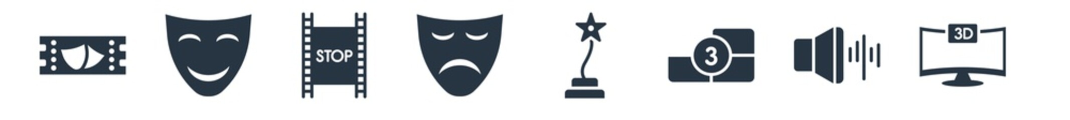 Obraz premium cinema filled icons. glyph vector icons such as 3d television, sound effect, film counter, film award, sad mask, freeze frame, smile mask sign isolated on white background.