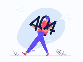The page not found 404 error. Flat vector illustration of upset man carrying 404 error as a notification of the browser warning. People using website and having problems due to broken web page