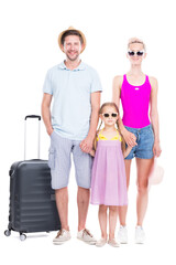 Vertical full length studio portrait of family with one child wearing summer outfits ready to travel on vacation, white background