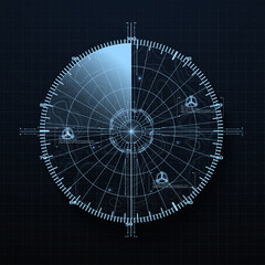 Radar Screen in futuristic HUD style. Air search gadget. military search, system aim. Fui Army target monitoring screen and radar vision interface or navy submarine satellite display interface. Vector