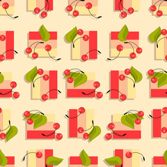 Cherry berry. Geometric figures with ripe berries on light background. Seamless pattern. Ripe berry
