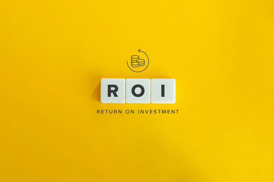 Return on Investment (ROI) banner and concept. Block letters on bright yellow background. Minimal aesthetics.
