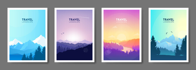 Abstract landscape set, Minimalist style, Flat design, Travel concept of discovering, exploring, observing nature. Hiking. Adventure tourism.  Banners set with polygonal landscape illustrations.
