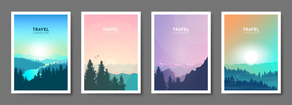 Abstract landscape set, Minimalist style, Flat design, Travel concept of discovering, exploring, observing nature. Hiking. Adventure tourism.  Banners set with polygonal landscape illustrations.