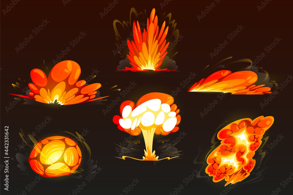 Poster cartoon bomb explosion set. clouds, boom effect and smoke elements for ui game design. dynamite dang