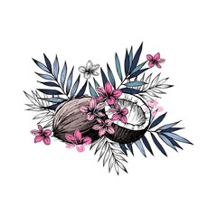 Image of coconut fruits, leaves and pink flowers. Artistic graphics. Colorful vector illustration.