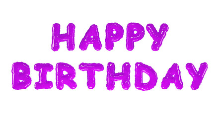 Balloons letters Happy Birthday with helium on isolated white background. Purple inflatable metallic foil text, 3d illustration. Festive design for greeting card, banner, party or anniversary