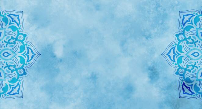 Sky blue watercolour background with mandalas - textured banner, stationery