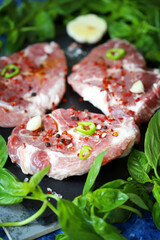 Fresh raw meat steak with spices and fresh basil.
