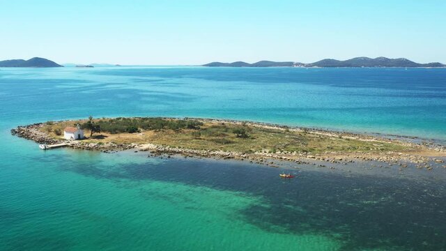 Aerial view of beautiful island of St Justina on Adriatic sea in Croatia, near town of Pakostane