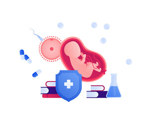 Gynecology research, pregnancy baby care and in vitro fertilization concept. Vector flat healthcare illustration. Embryo in womb. Human egg and sperm sign. Design for healthcare, education.
