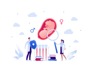 Gynecology research and pregnancy baby care concept. Vector flat people illustration. Male and female doctor team with shield and magnifier glass. Embryo in womb. Blood test and book symbol.