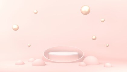 Pink pedestal or podium with pearls on pastel pink background for product demonstration.  3D rendering.