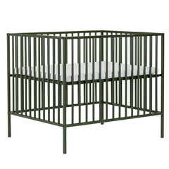 Green metal isolated baby crib box bed on white background