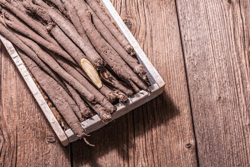 Raw Scorzonera or Spanish salsify, trendy hard light, dark shadow
