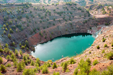 Toxic lake in open pit of abandoned Apliki copper mine, Cyprus
