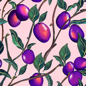 Plums seamless pattern . Kitchen fabrics, Blooming tree of  blue plum fruit isolated on dark background hand-drawn illustration on pink background.