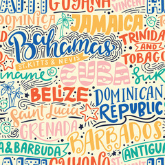 Around the World. CARIBBEAN vector lettering seamless pattern. Country and major cities. Vector illustration