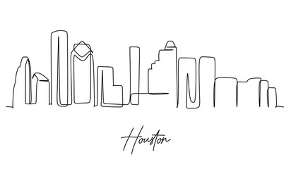 Continuous single line drawing of Houston city skyline, USA. Famous city scraper and landscape. World travel concept. Home wall decor poster printable. Modern line drawing